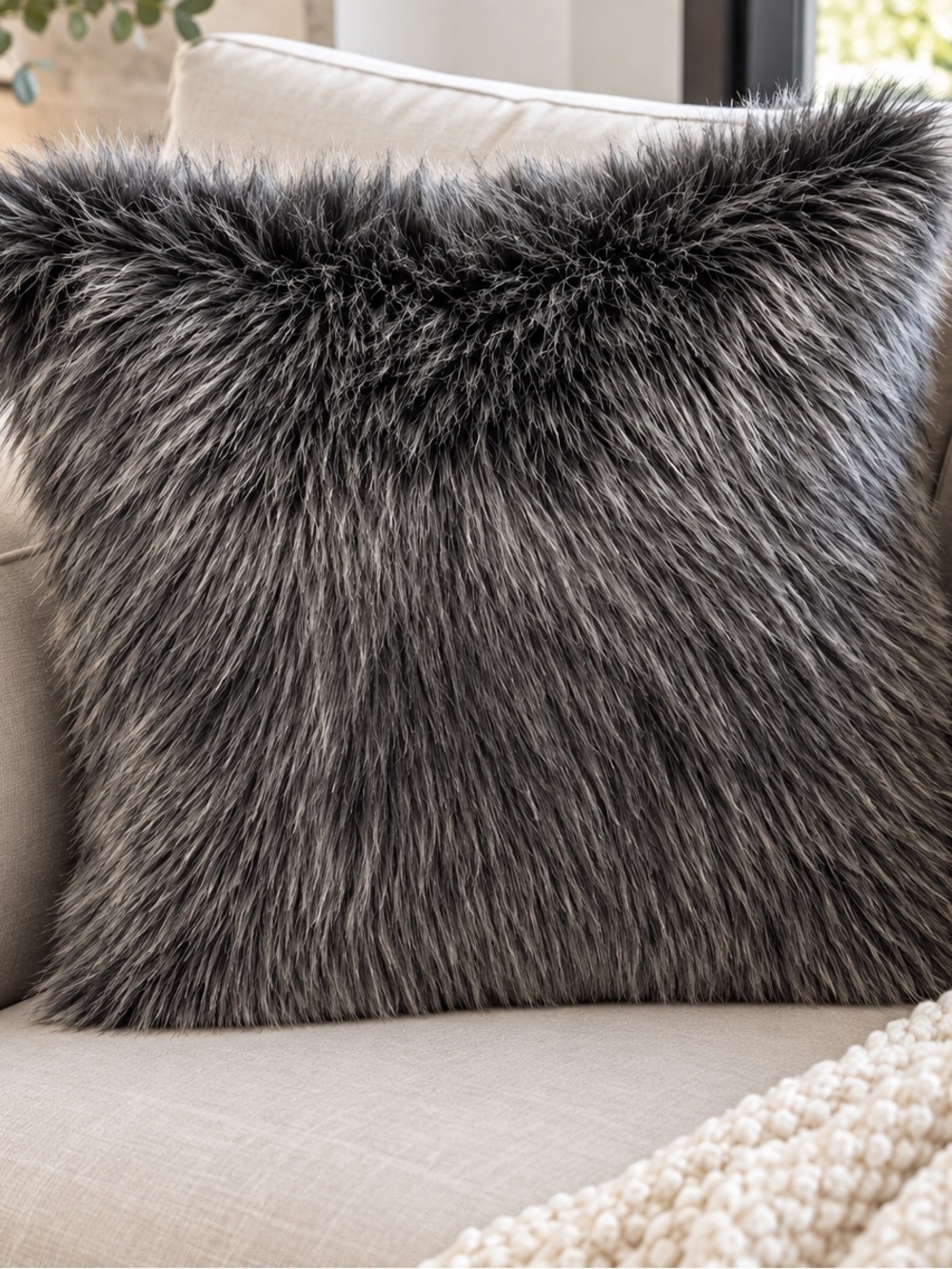 22” x 22” Gray Faux Fur Throw Pillow Brand NEW